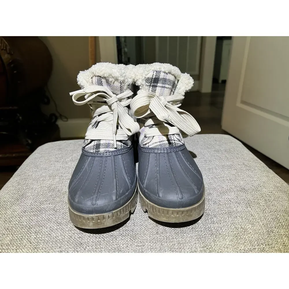 OZARK TRAIL WOMENS SNOW BOOTS, GRAY AND GRAY & IVORY PLAID Sz 7